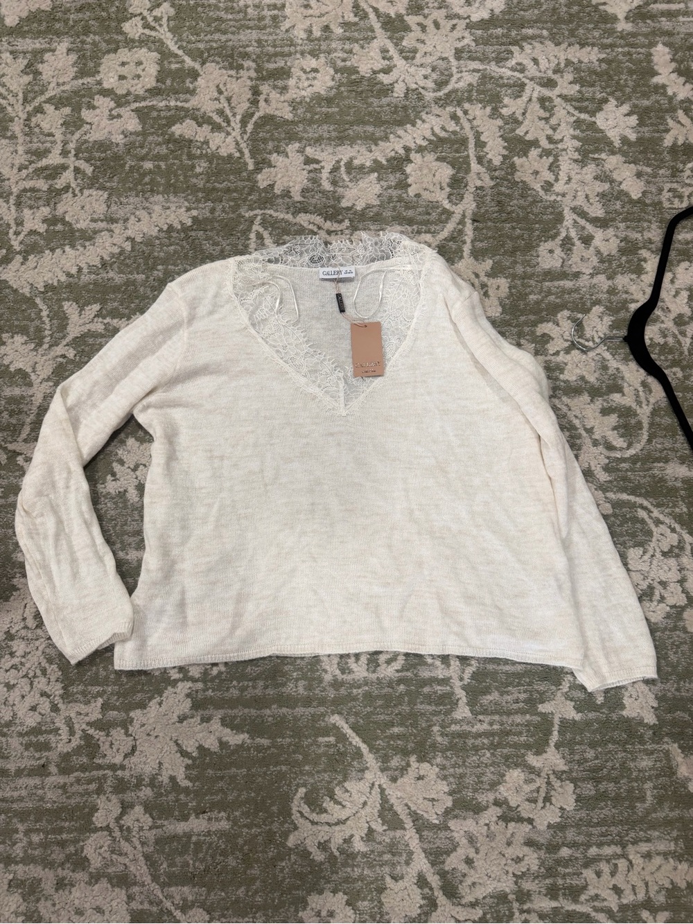 Gallery Cream Lace-Trim V-Neck Pullover